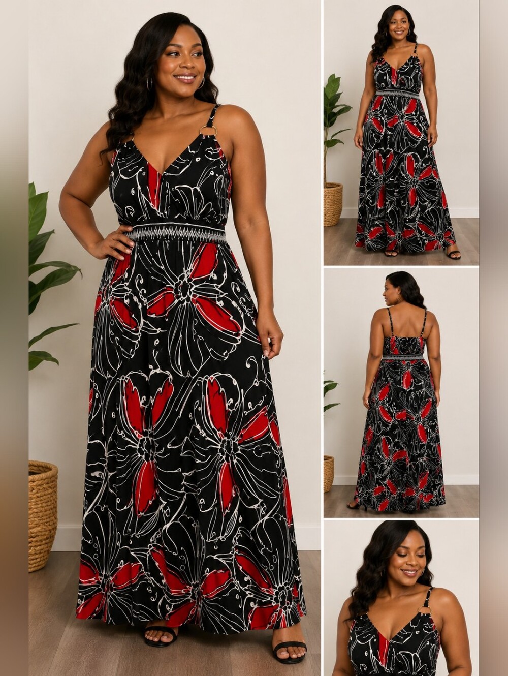 Erica Brooke Collection Maxi Dress Women’s 28W Black Red Floral Spaghetti Strap